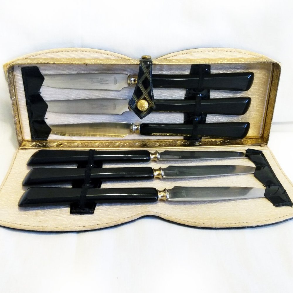 Vintage Glo-Hill Black Bakelite Handles-Steakmates De-luxe- Steak Knives & Case